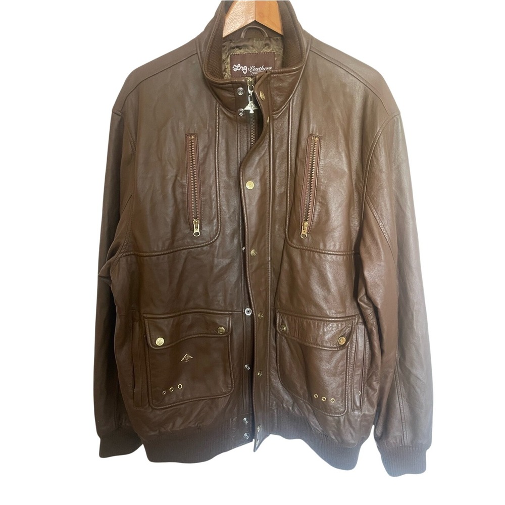 LRG Brown Leather Bomber Jacket with Zip Pockets - Picture 5 of 6